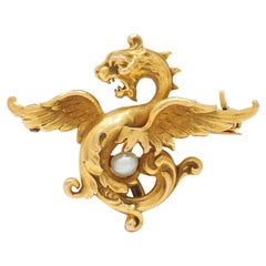 Broche dragon antique Art Nouveau en or jaune 14 carats et perles