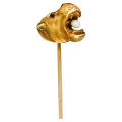 Art Nouveau Pearl 14 Karat Yellow Gold Hippo Antique Stickpin