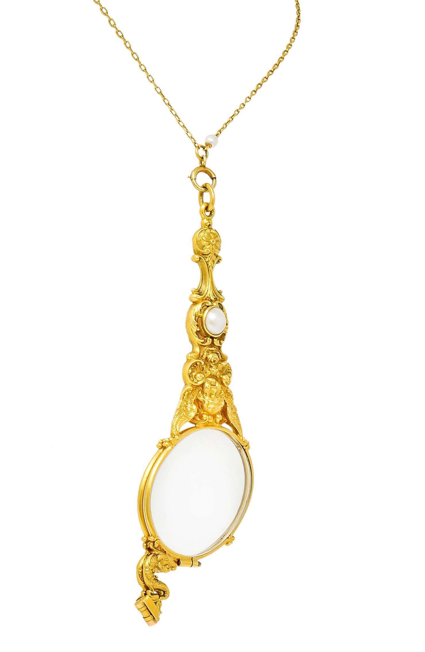Art Nouveau Pearl 18 Karat Yellow Gold Lorgnette Glasses Station Necklace 4
