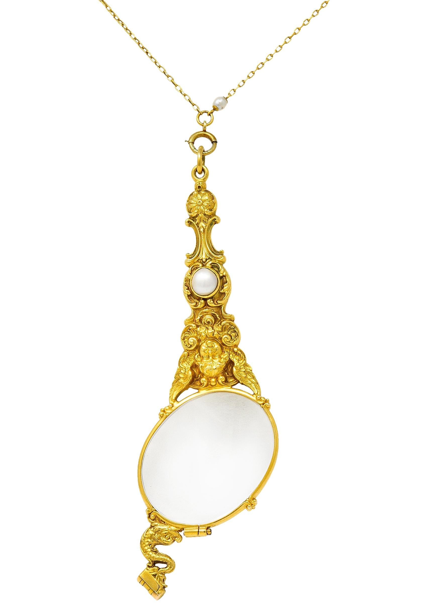 Art Nouveau Pearl 18 Karat Yellow Gold Lorgnette Glasses Station Necklace 7