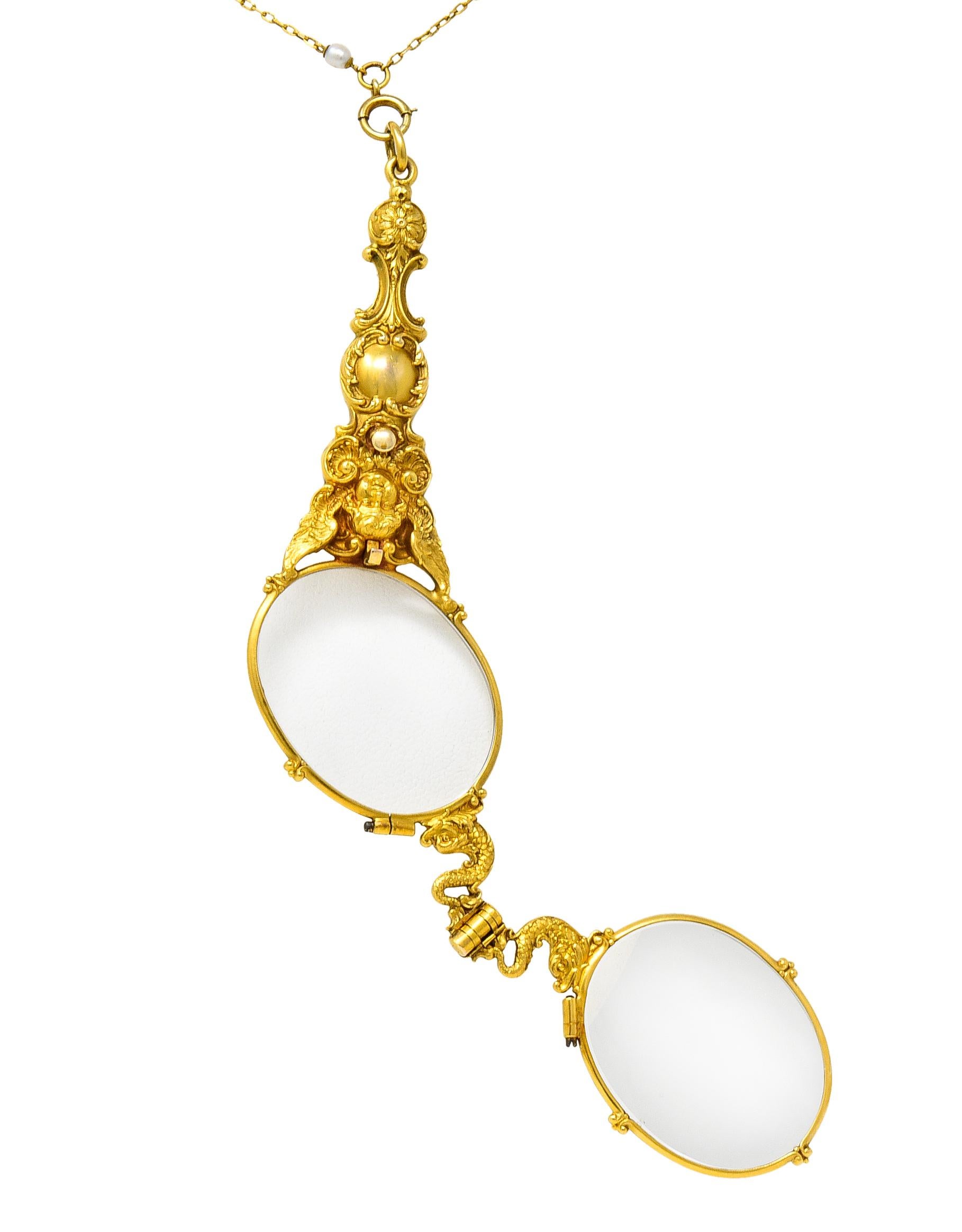 Art Nouveau Pearl 18 Karat Yellow Gold Lorgnette Glasses Station Necklace 8
