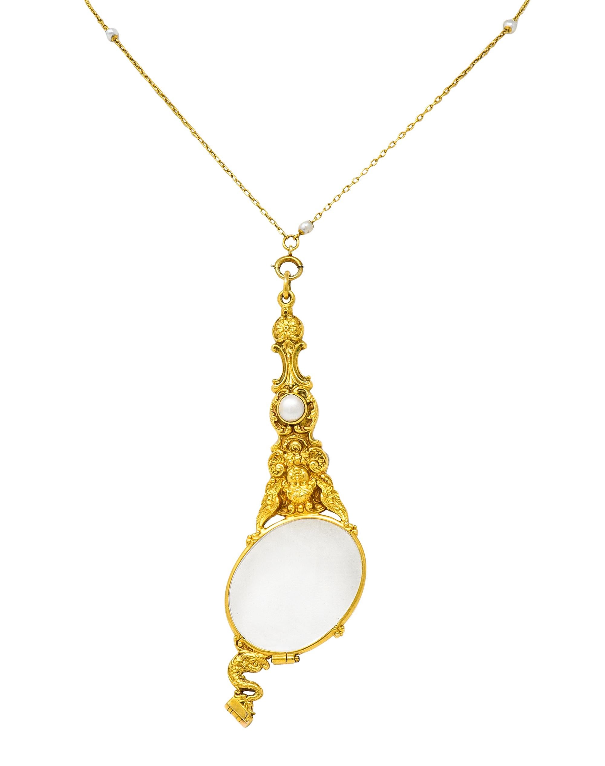 Uncut Art Nouveau Pearl 18 Karat Yellow Gold Lorgnette Glasses Station Necklace