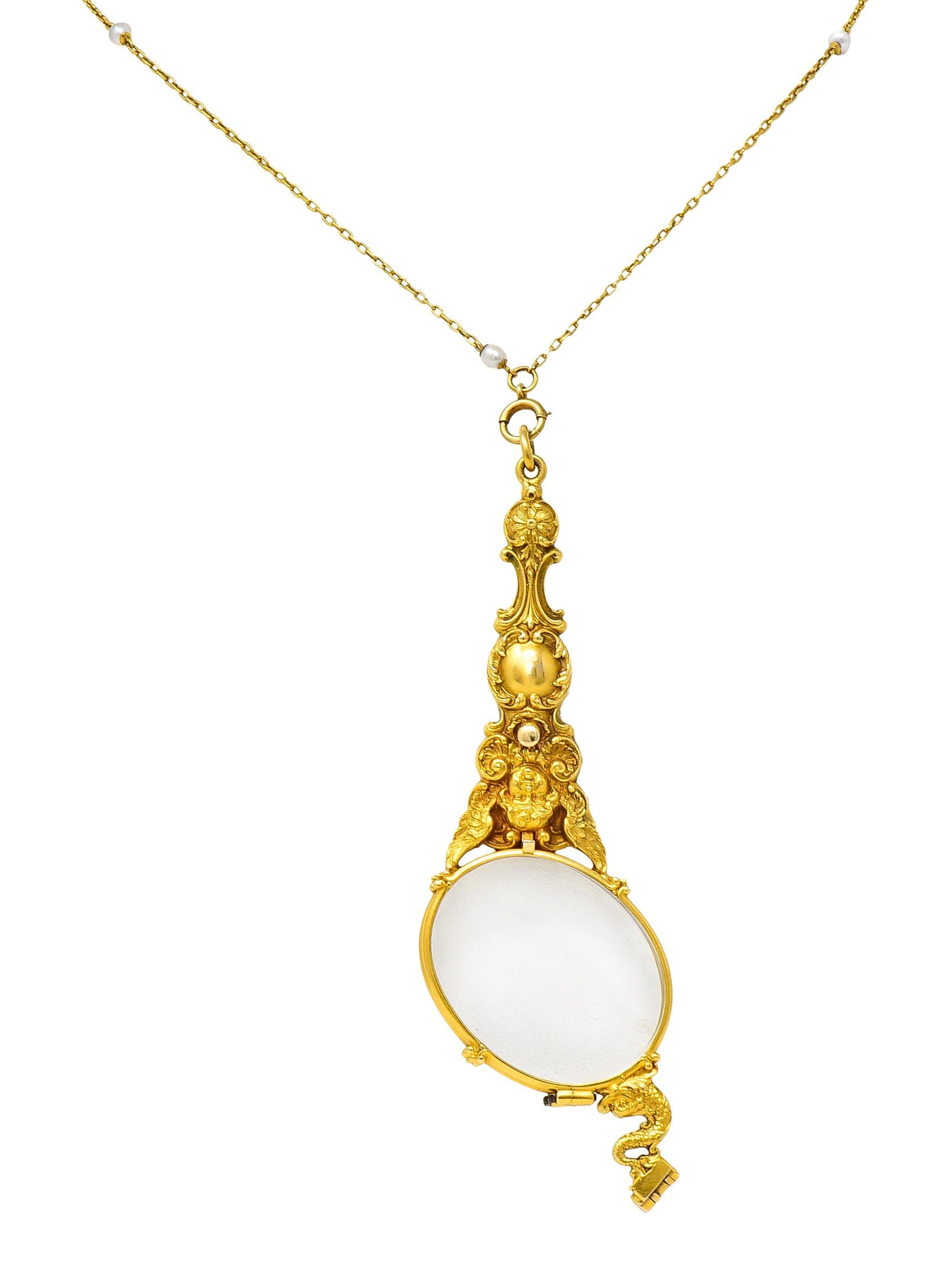 Women's or Men's Art Nouveau Pearl 18 Karat Yellow Gold Lorgnette Glasses Station Necklace