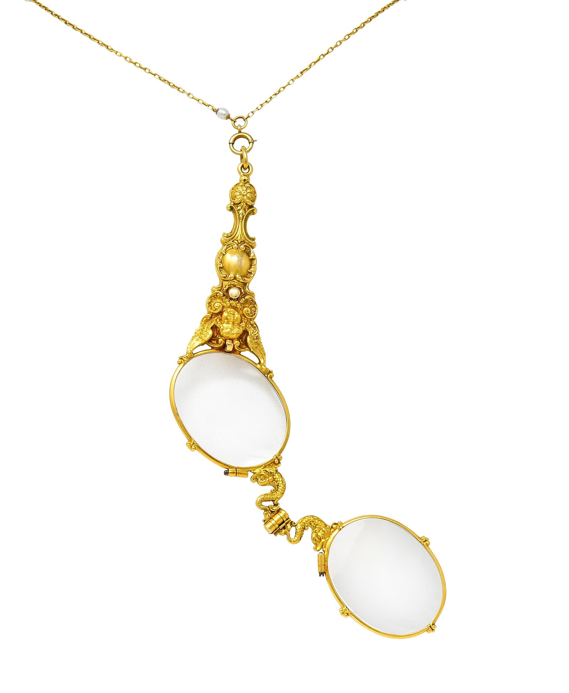 Art Nouveau Pearl 18 Karat Yellow Gold Lorgnette Glasses Station Necklace 1