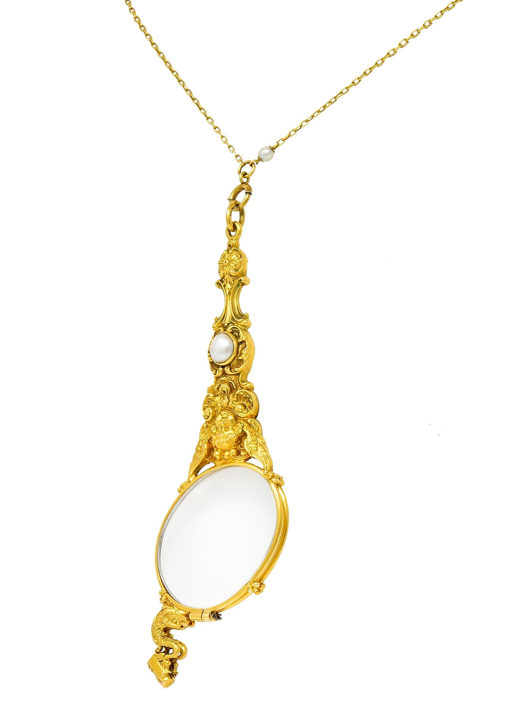 Art Nouveau Pearl 18 Karat Yellow Gold Lorgnette Glasses Station Necklace 2