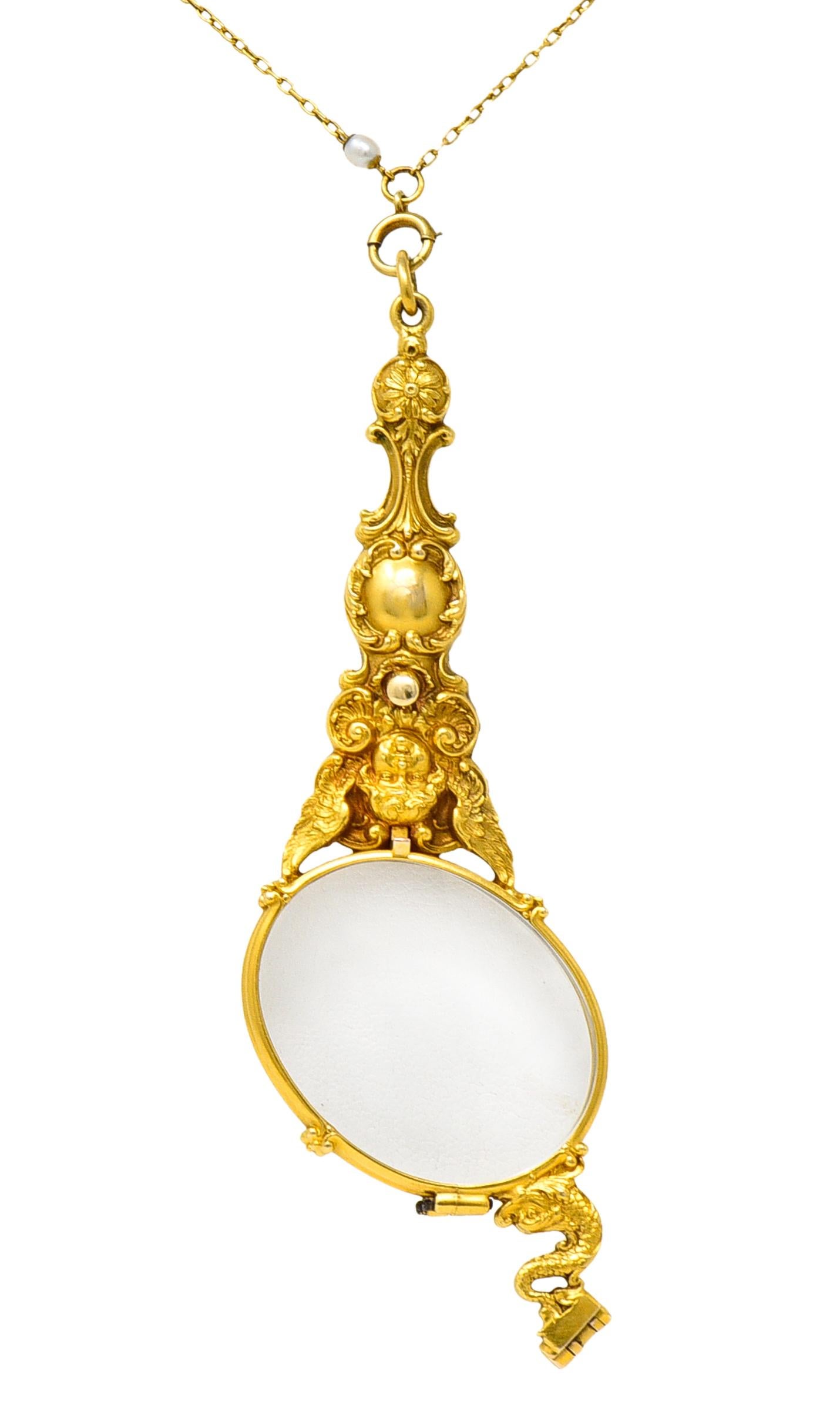 Art Nouveau Pearl 18 Karat Yellow Gold Lorgnette Glasses Station Necklace 3