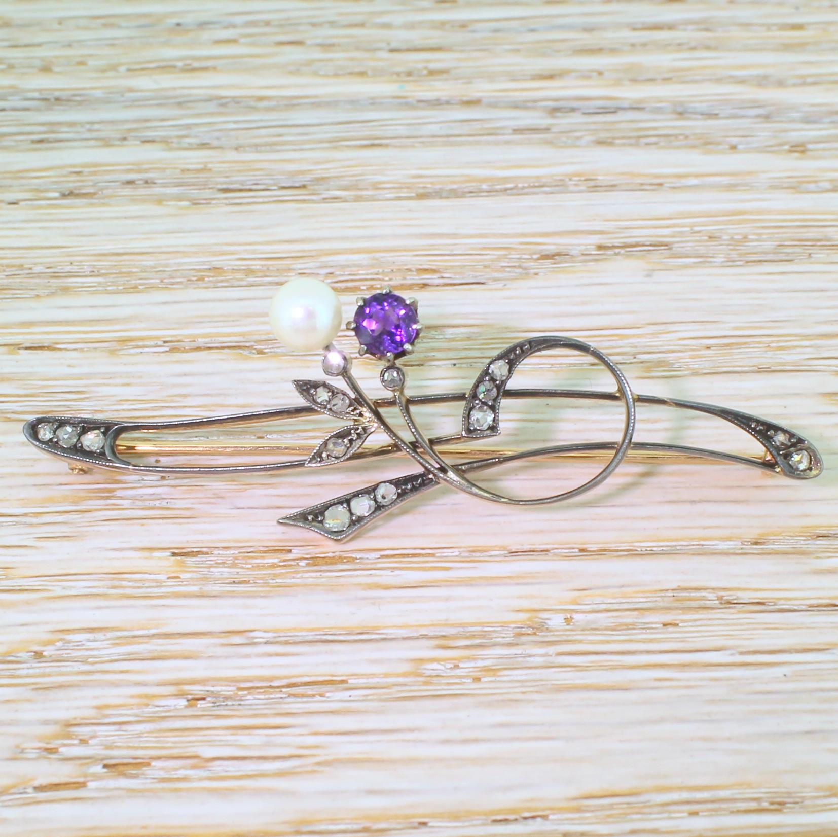 Art Nouveau Pearl, Amethyst and Rose Cut Diamond Pin Brooch In Good Condition In Essex, GB
