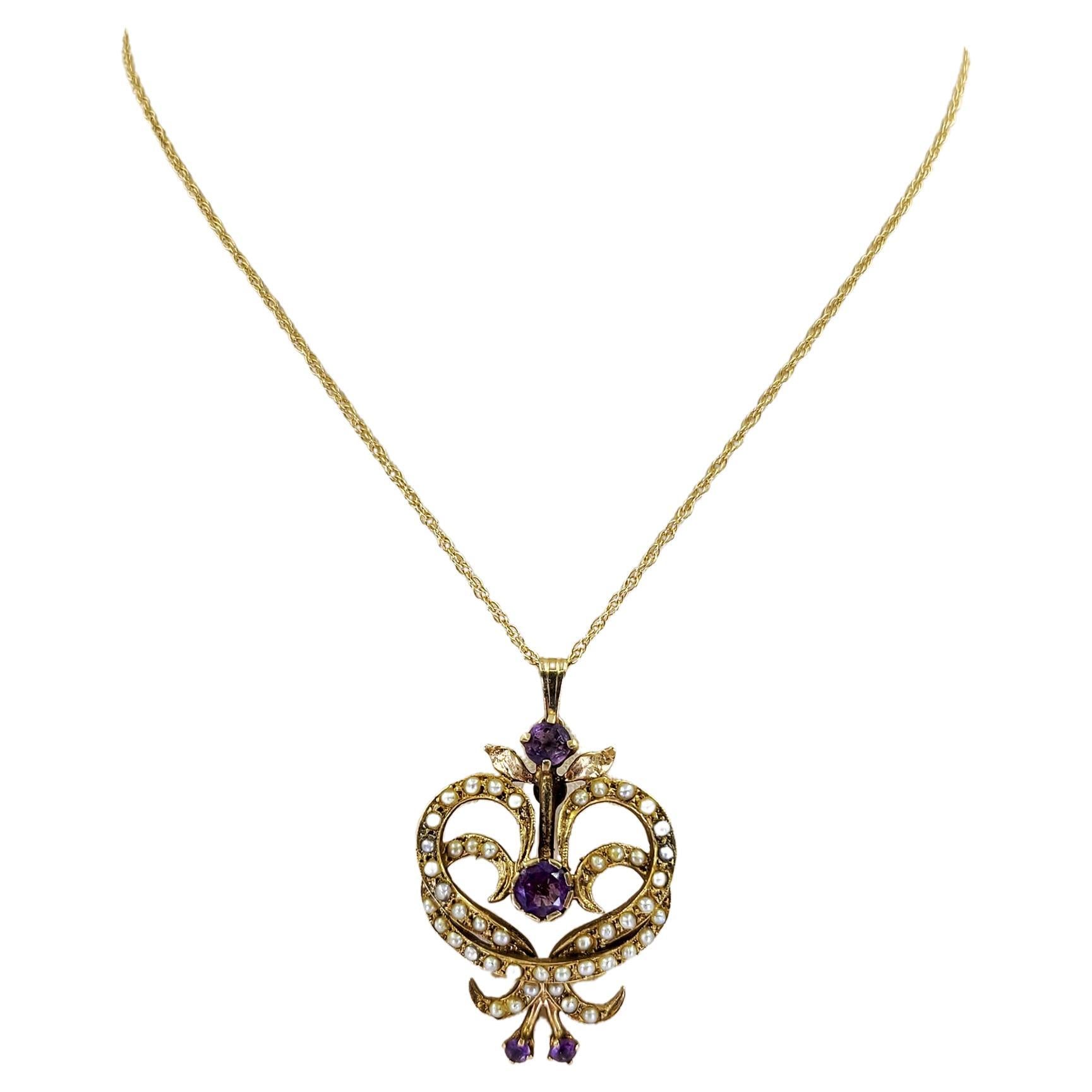 Art Nouveau Pearl and Amethyst Pendant Necklace For Sale