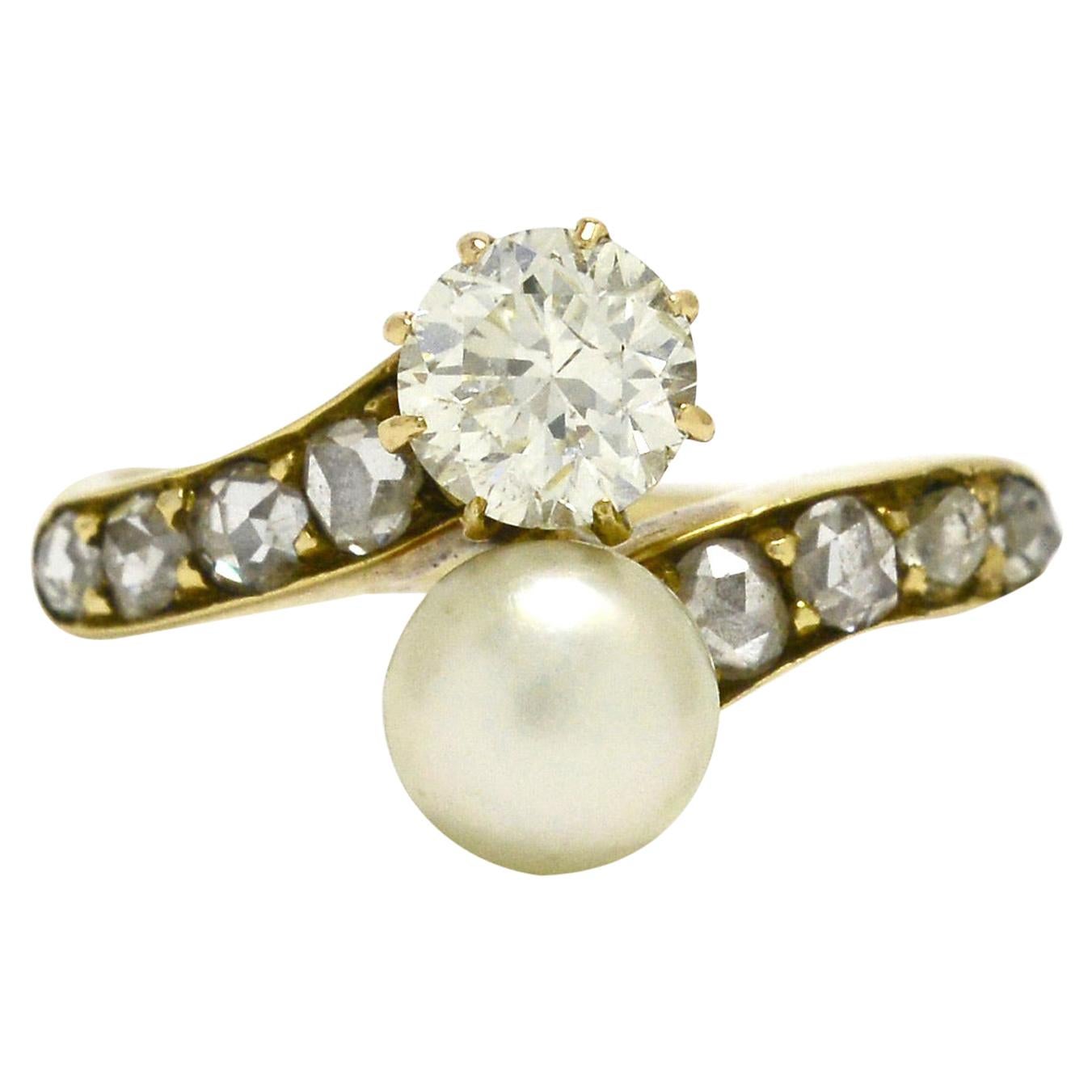 Art Nouveau Pearl and Diamond Engagement Ring 2-Stone Moi et Toi Antique Bridal
