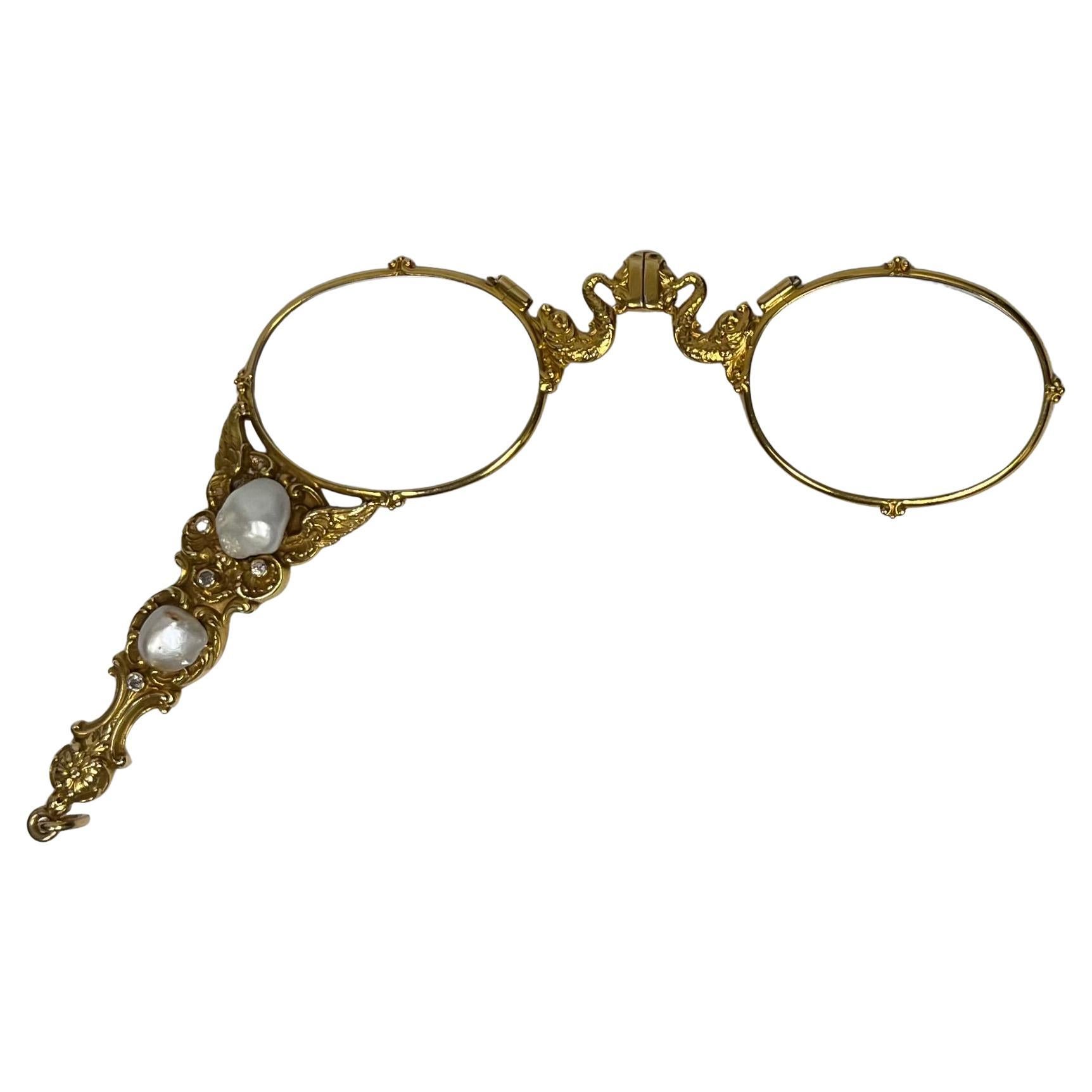 Jugendstil-Perlen- und Diamant-Gold-Lorgnettes, antike klappbare Operngläser