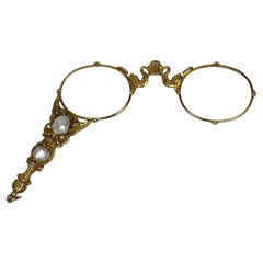 Art Nouveau Pearl and Diamond Gold Lorgnettes, Antique Folding Opera Glasses