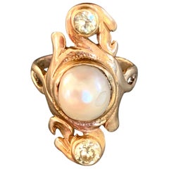 Art Nouveau Pearl and Euro Cut Yellow Diamonds 10 Karat Yellow Gold Ring -Size 5