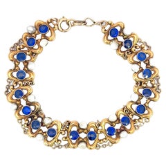 Art Nouveau Pearl and Synthetic Sapphire Fancy Chain Link Bracelet