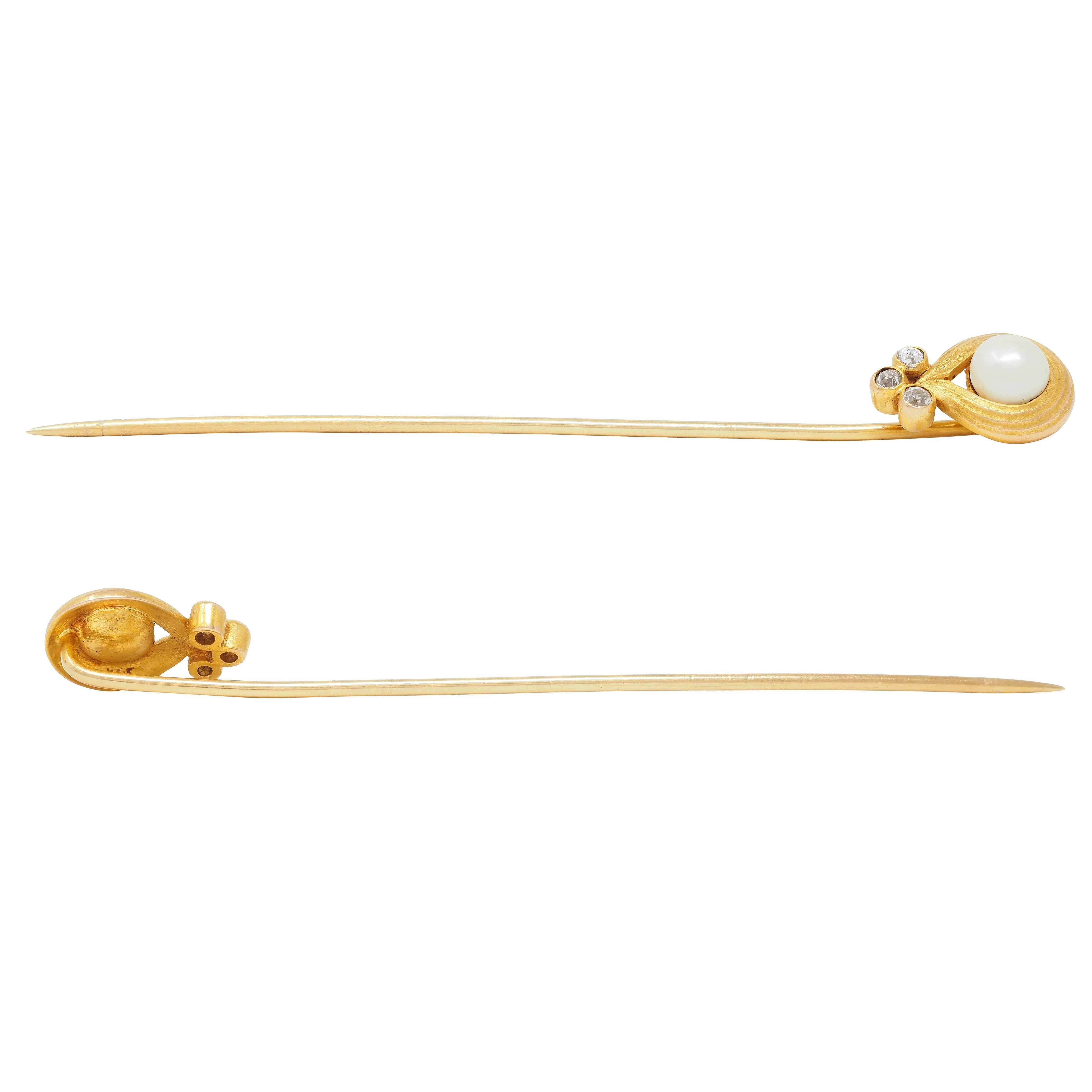 Art Nouveau Pearl Diamond 14 Karat Yellow Gold Antique Swirl Stickpin For Sale 5