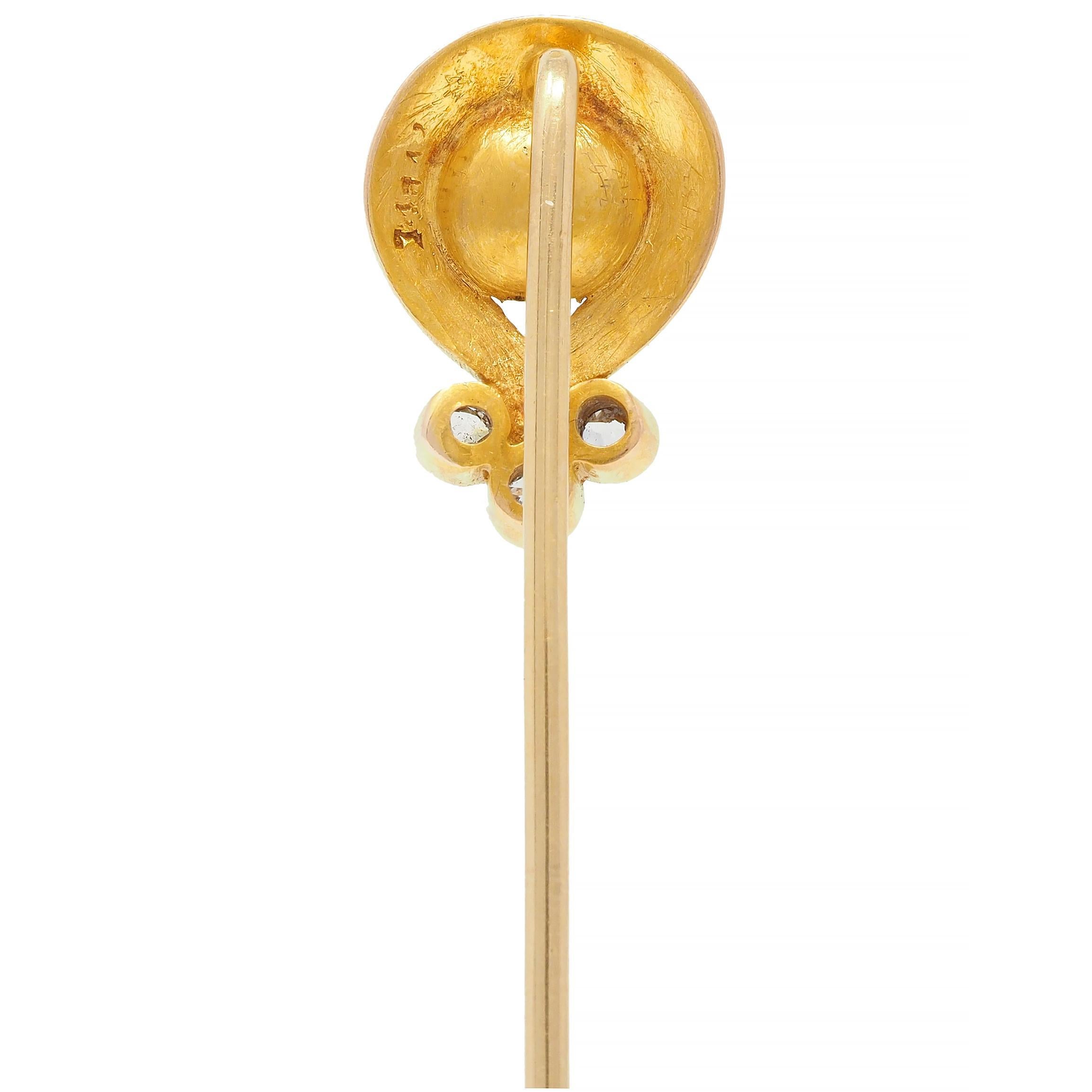 Women's or Men's Art Nouveau Pearl Diamond 14 Karat Yellow Gold Antique Swirl Stickpin For Sale