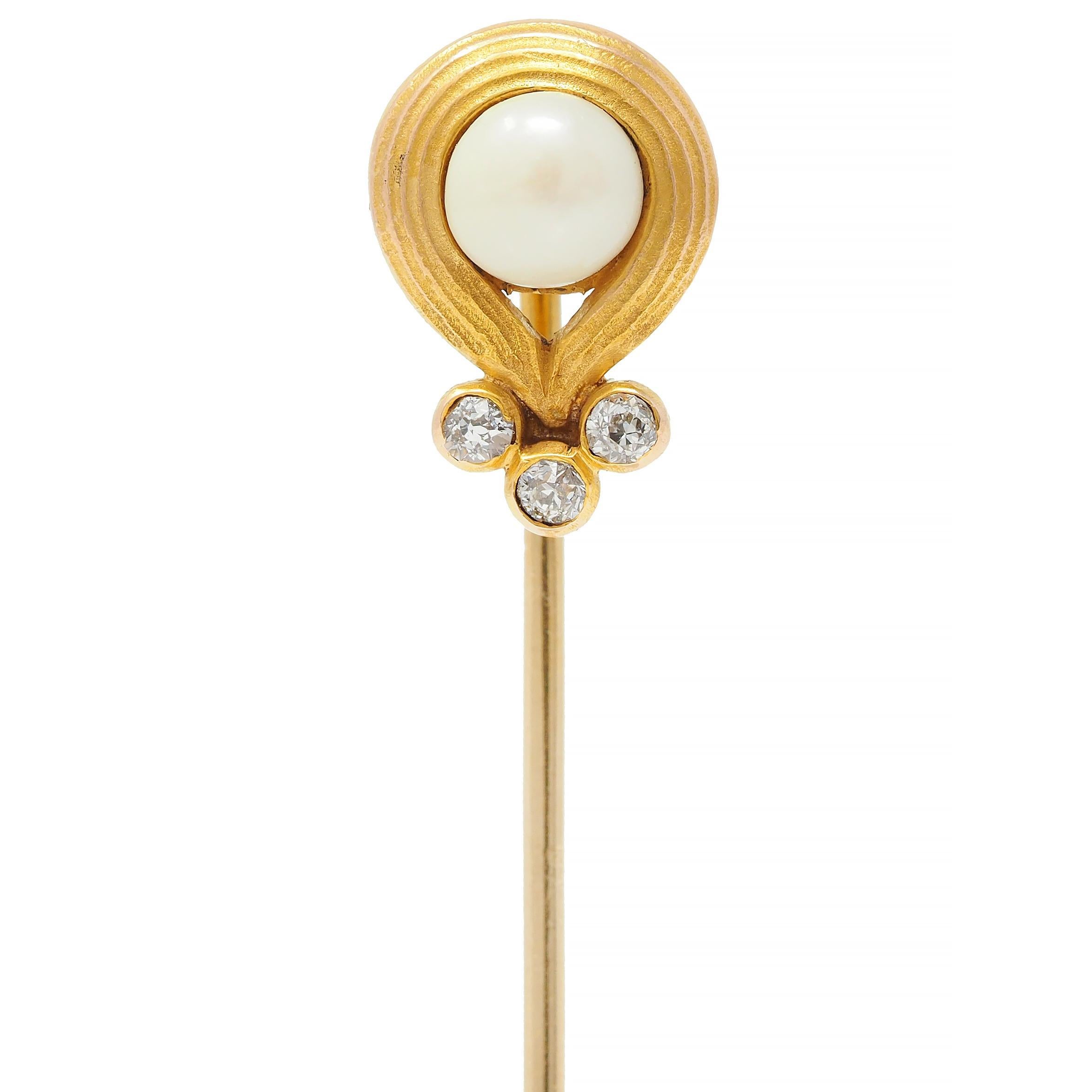Art Nouveau Pearl Diamond 14 Karat Yellow Gold Antique Swirl Stickpin For Sale 1