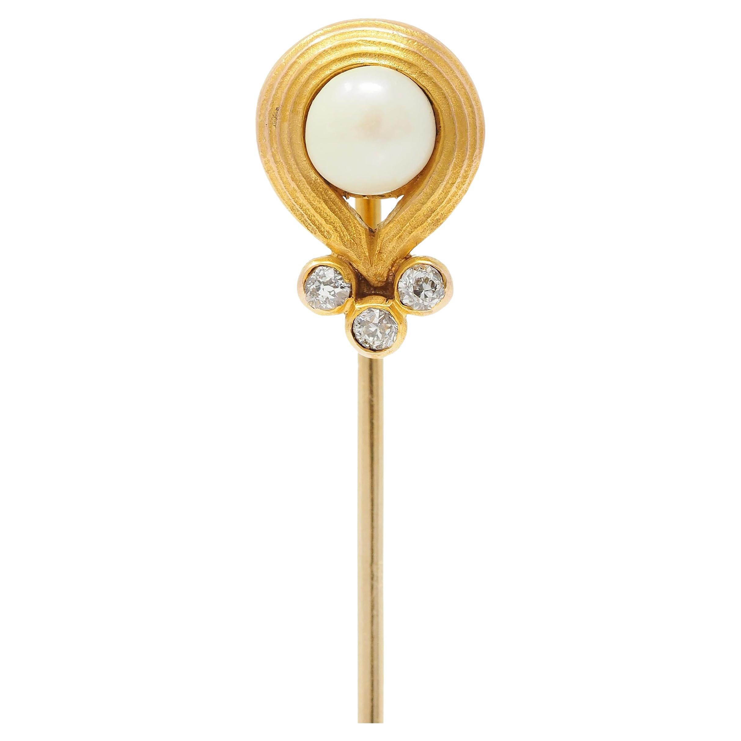 Art Nouveau Pearl Diamond 14 Karat Yellow Gold Antique Swirl Stickpin For Sale