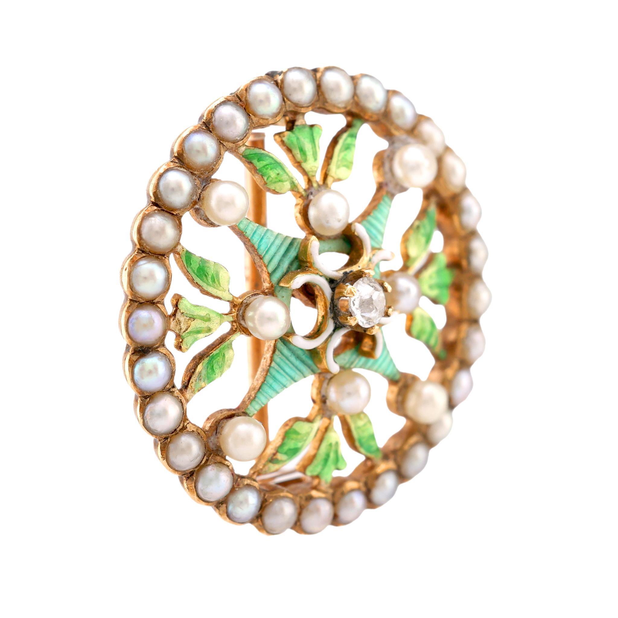 Rose Cut Art Nouveau Pearl Diamond 14K Yellow Gold Enamel Brooch For Sale
