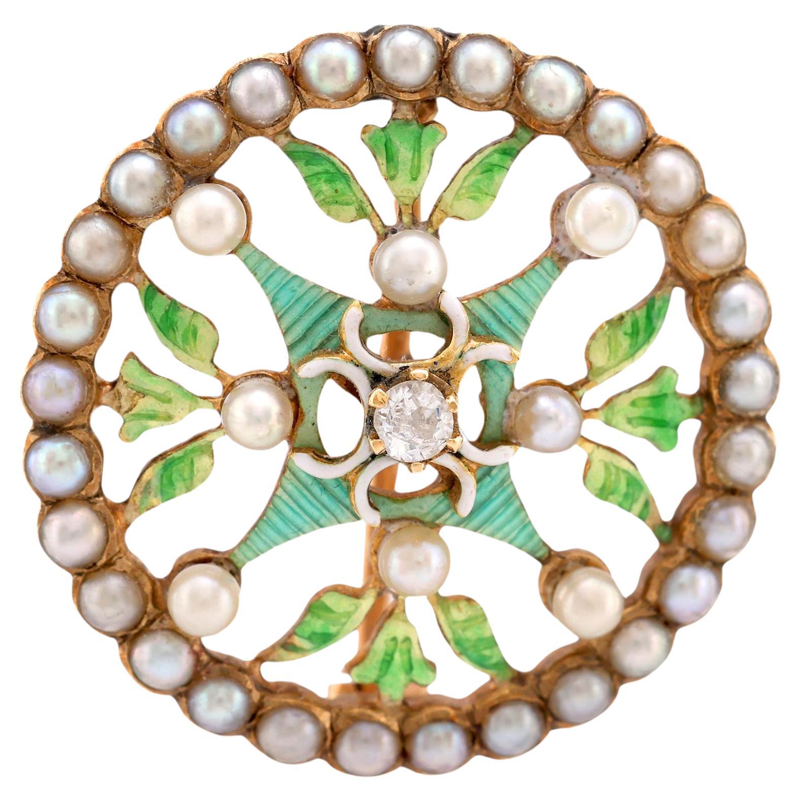 Art Nouveau Pearl Diamond 14K Yellow Gold Enamel Brooch