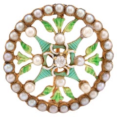 Art Nouveau Pearl Diamond 14K Yellow Gold Enamel Brooch