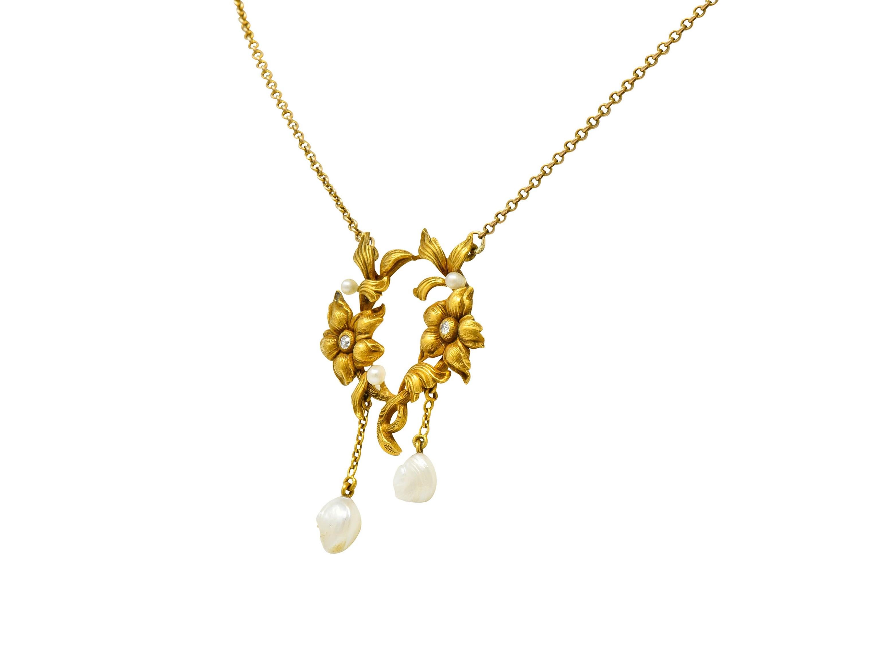 Pear Cut Art Nouveau Pearl Diamond 18 Karat Yellow Gold Floral Necklace