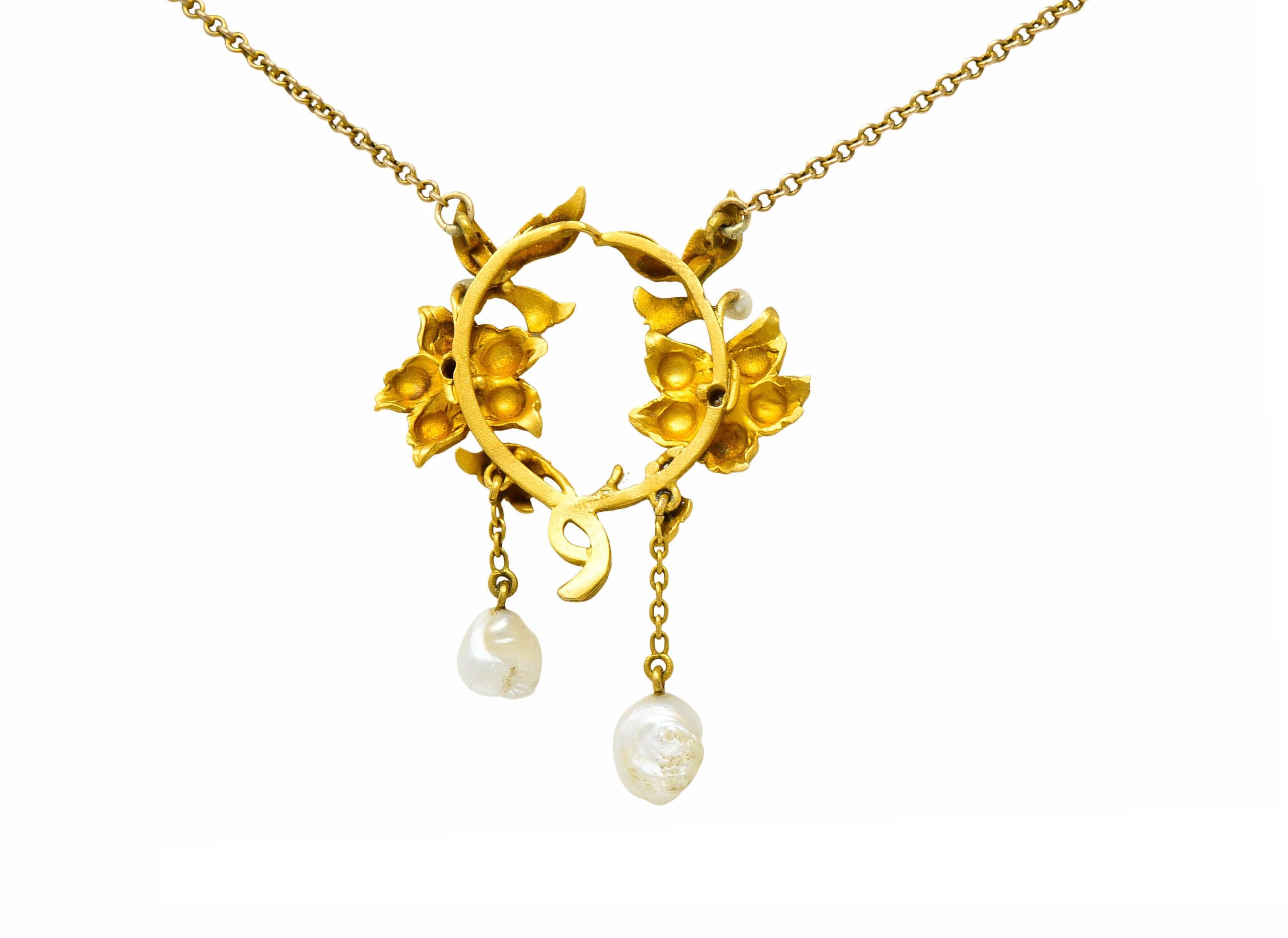 Art Nouveau Pearl Diamond 18 Karat Yellow Gold Floral Necklace 3