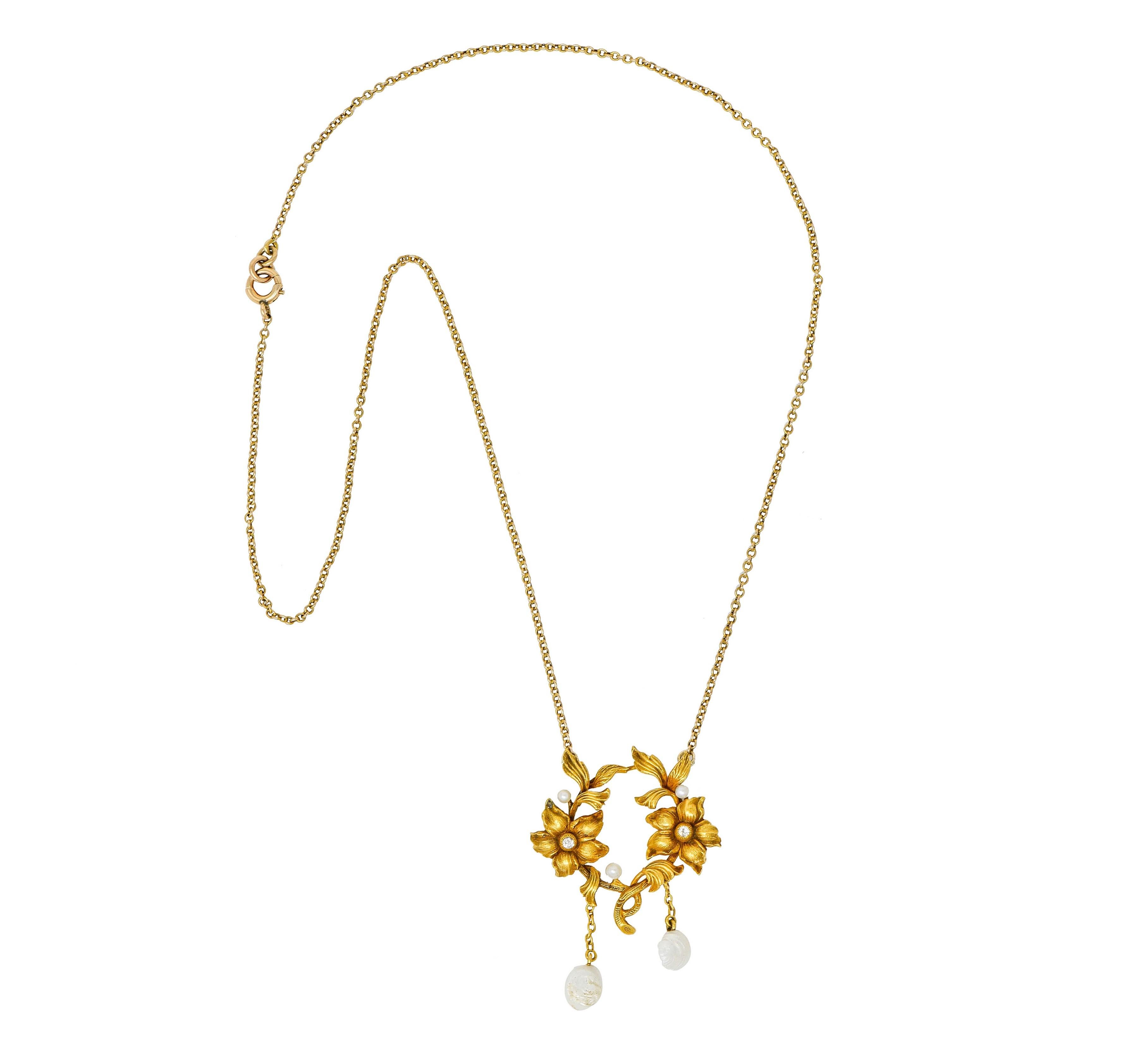 Art Nouveau Pearl Diamond 18 Karat Yellow Gold Floral Necklace 4