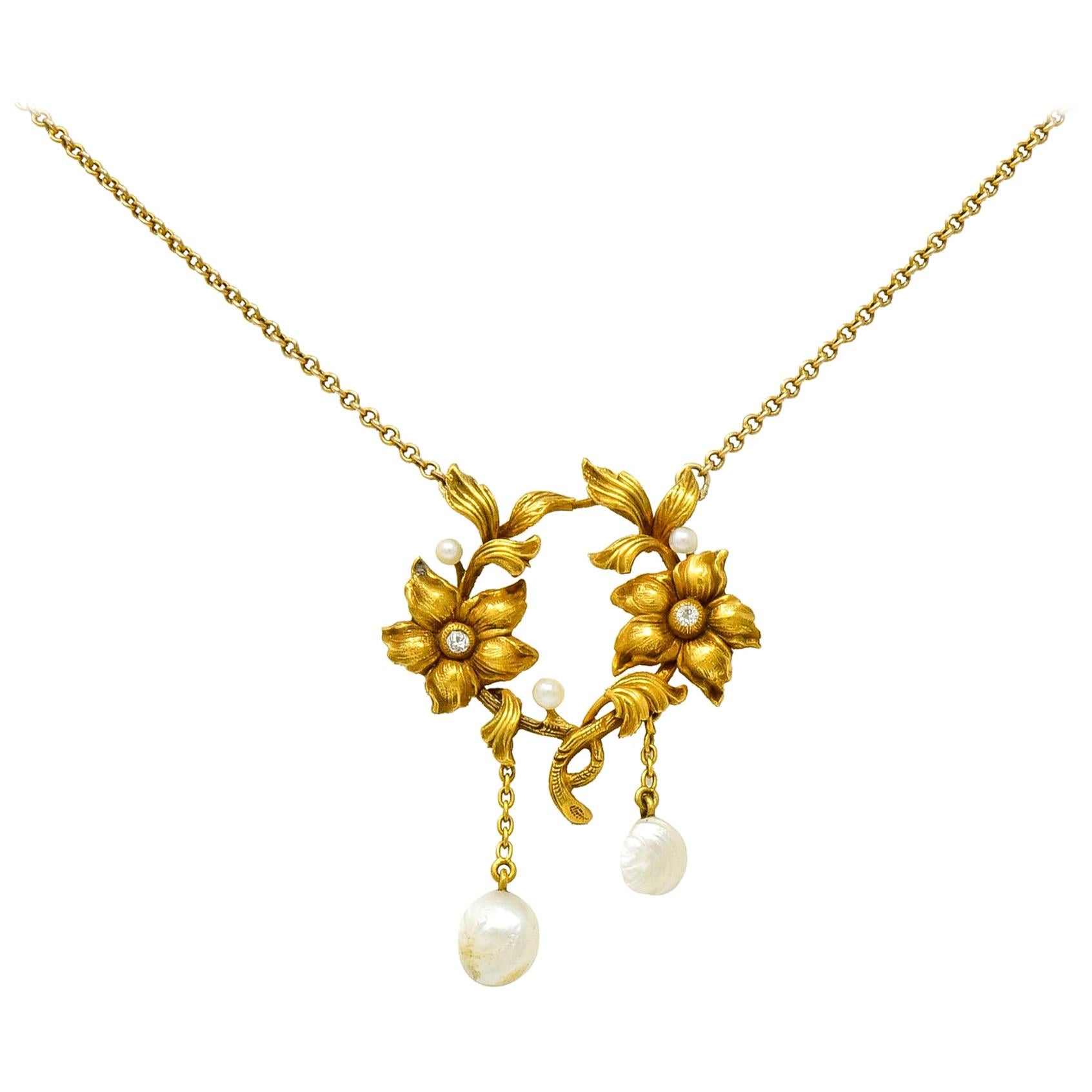 Art Nouveau Pearl Diamond 18 Karat Yellow Gold Floral Necklace