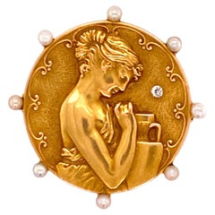 Art Nouveau Pearl Diamond 18 Karat Yellow Gold Greek Goddess Brooch Pin Pendant