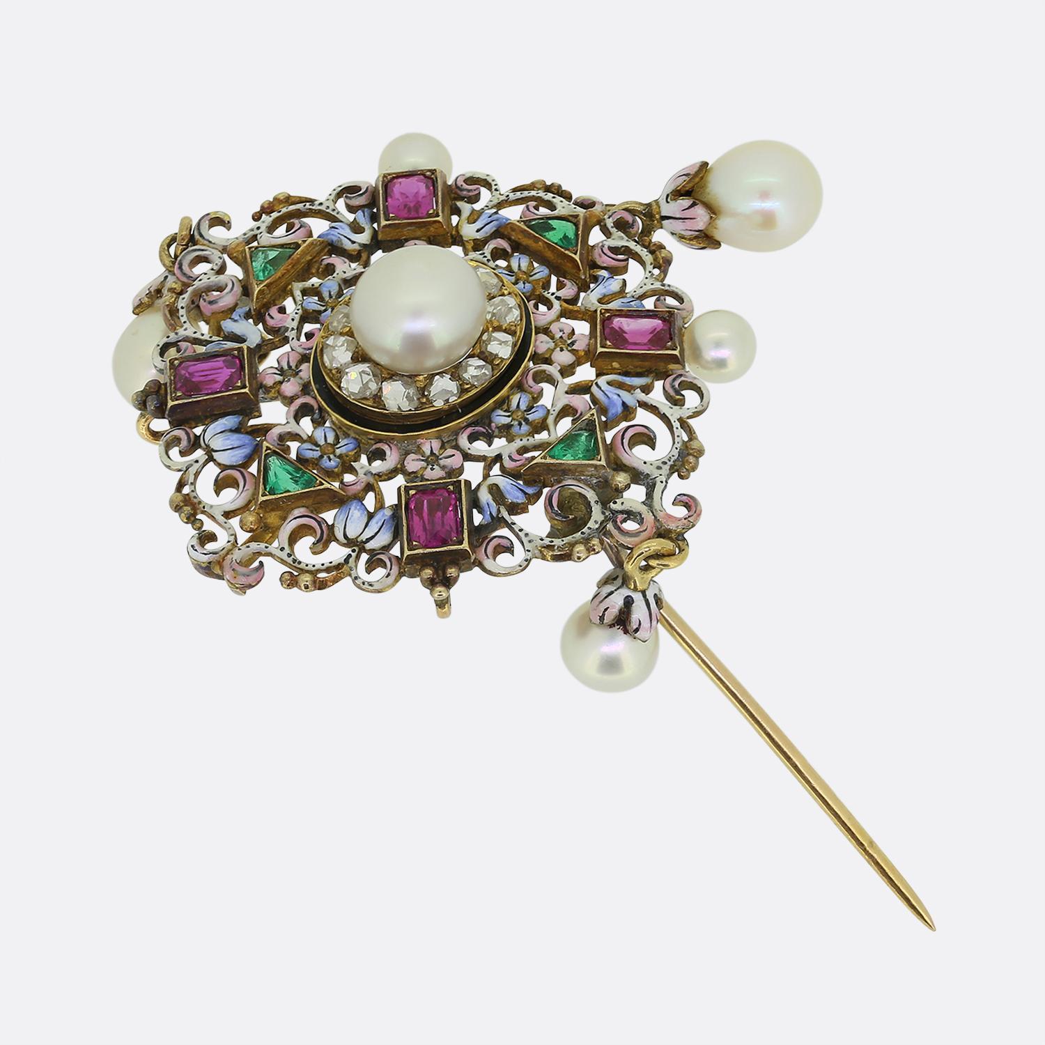 Art Nouveau Pearl Diamond and Enamel Brooch Pendant For Sale at 1stDibs