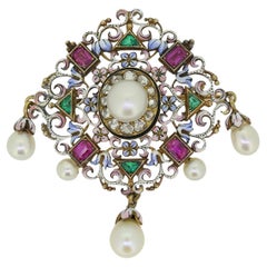 Art Nouveau Pearl Diamond and Enamel Brooch Pendant