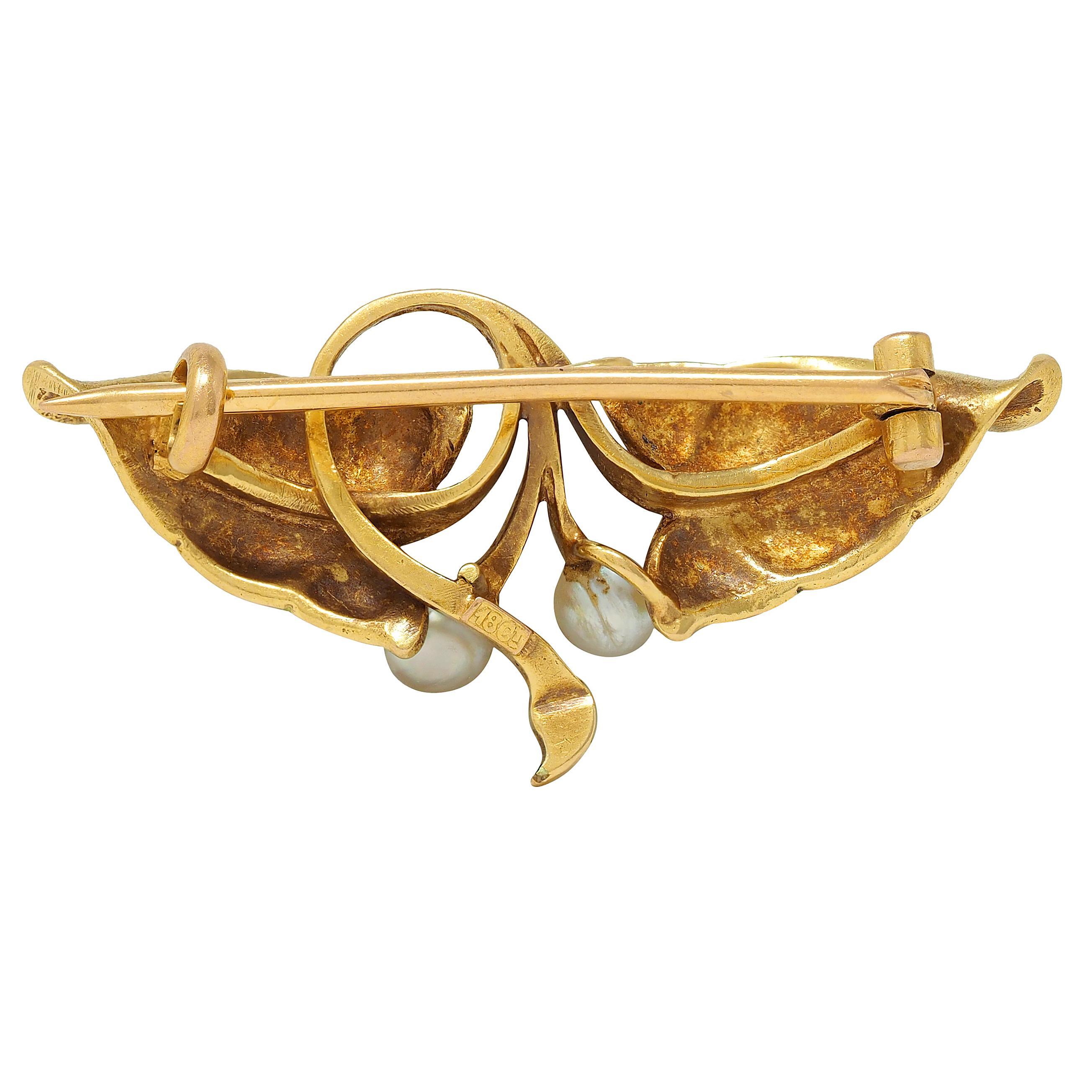 Bead Art Nouveau Pearl Diamond Enamel 18 Karat Yellow Gold Antique Foliate Brooch For Sale