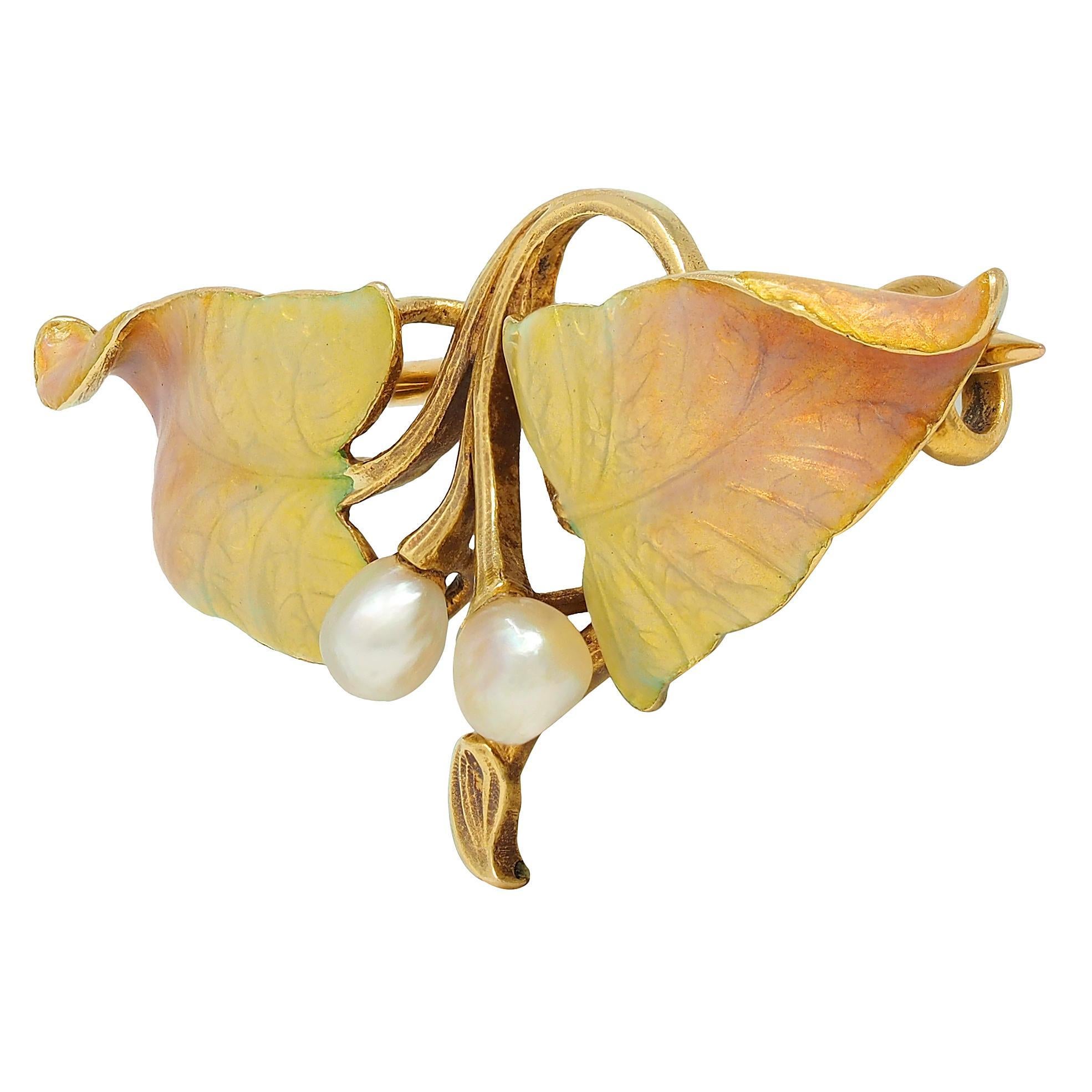 Art Nouveau Pearl Diamond Enamel 18 Karat Yellow Gold Antique Foliate Brooch In Excellent Condition For Sale In Philadelphia, PA