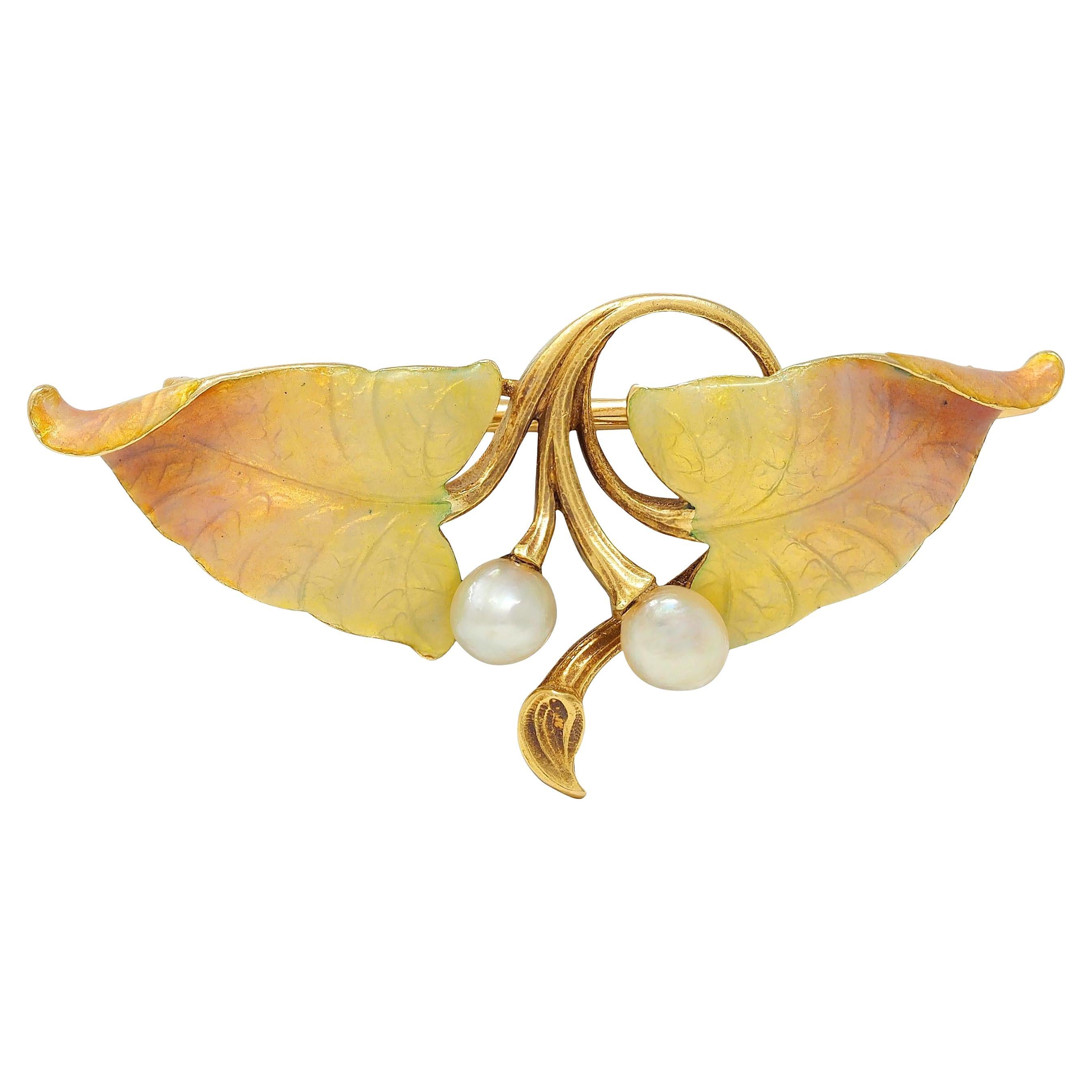 Art Nouveau Pearl Diamond Enamel 18 Karat Yellow Gold Antique Foliate Brooch