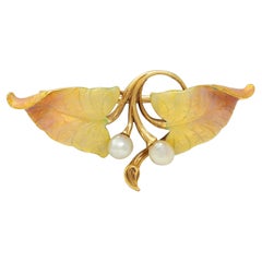 Art Nouveau Pearl Diamond Enamel 18 Karat Yellow Gold Antique Foliate Brooch