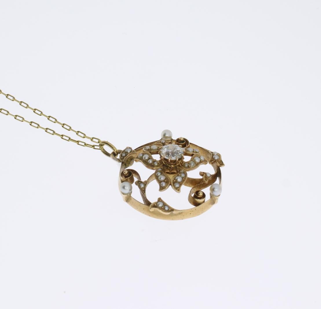 Women's Art Nouveau Pearl Diamond Gold Pendant For Sale