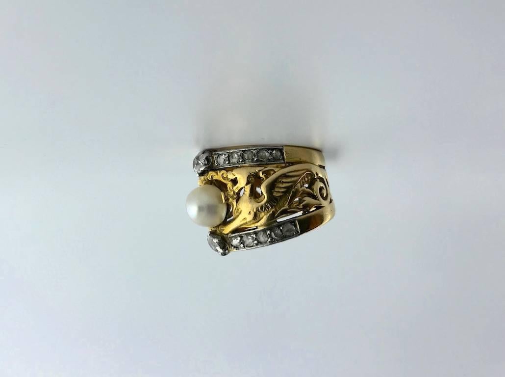 Rose Cut Art Nouveau Pearl Diamond Gold Platinum Ring