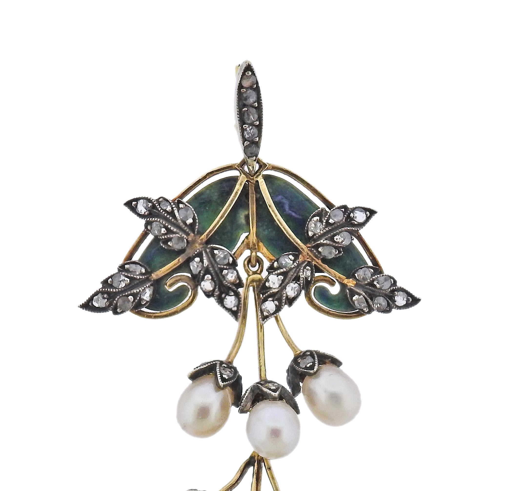 Antique Art Nouveau 18k gold and silver drop pendant, adorned with plique-a-jour enamel, 5.8 - 6.5mm pearls and rose cut diamonds. Pendant is 2 7/8