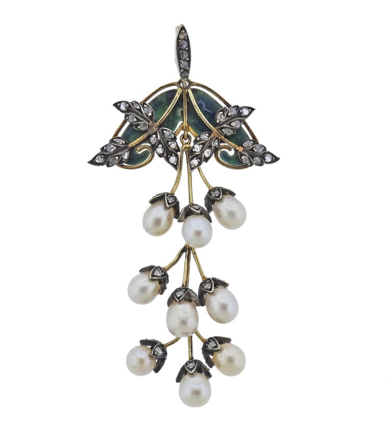 Art Nouveau Pearl Diamond Plique-A-Jour Gold Silver Pendant For Sale at ...