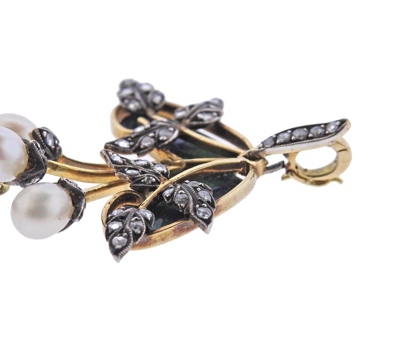 Art Nouveau Pearl Diamond Plique-A-Jour Gold Silver Pendant For Sale at ...