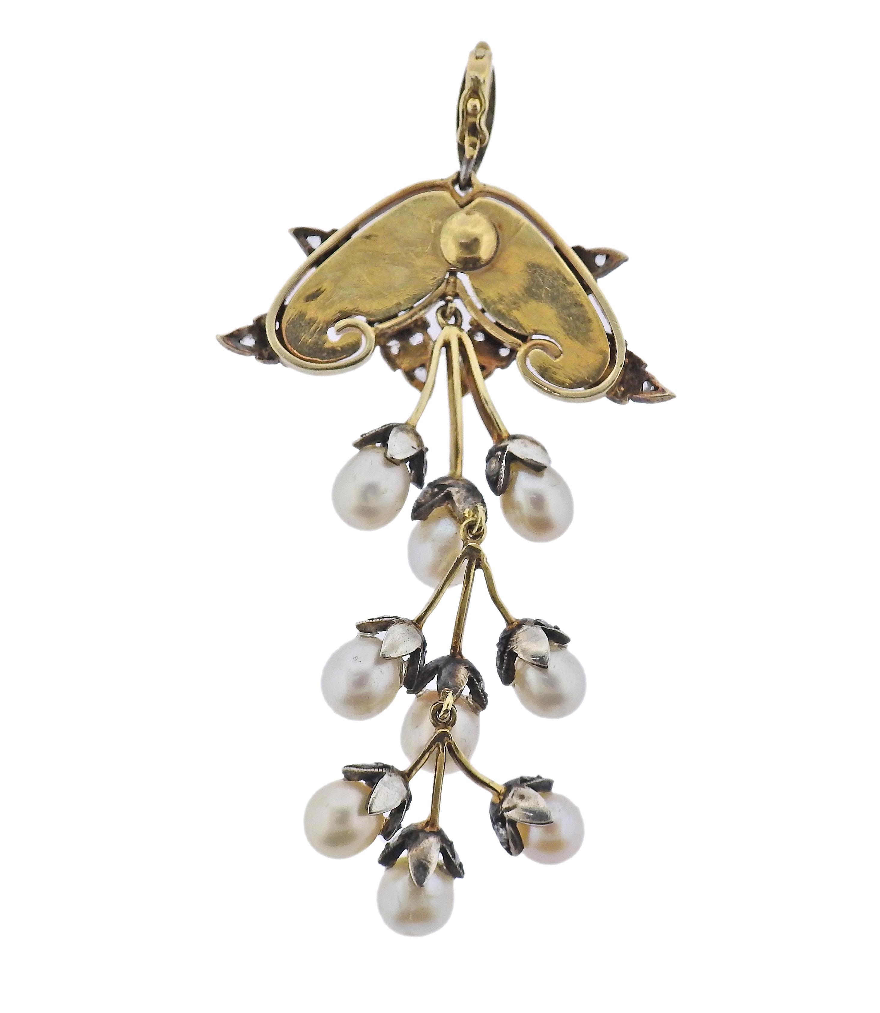 Women's Art Nouveau Pearl Diamond Plique-A-Jour Gold Silver Pendant For Sale