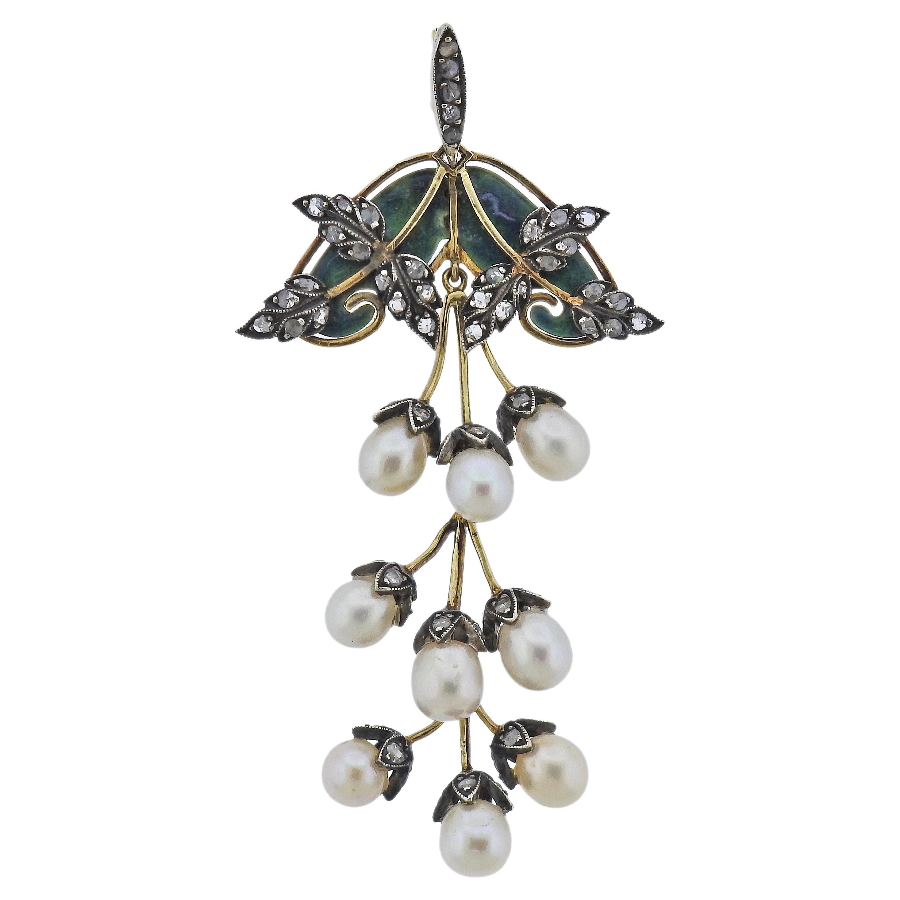 Art Nouveau Pearl Diamond Plique-A-Jour Gold Silver Pendant For Sale