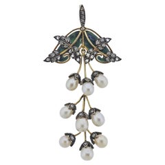 Art Nouveau Pearl Diamond Plique-A-Jour Gold Silver Pendant