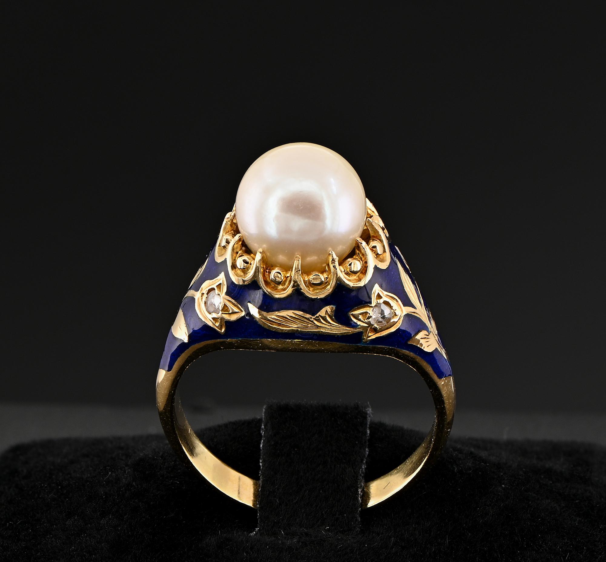 Nature on the Spot
This marvelous Art Nouveau period ring is 1905 ca
Superbly hand crafted of solid 18 Kt gold
Inspired by Nature, with a one off tasteful solitaire design, for a stunning main salt water Pearl centre and delightful rich Royal Blue