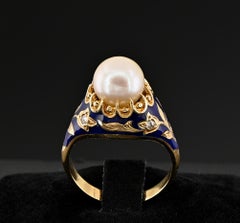 Art Nouveau Pearl Diamond Royal Blue Enamel Ring