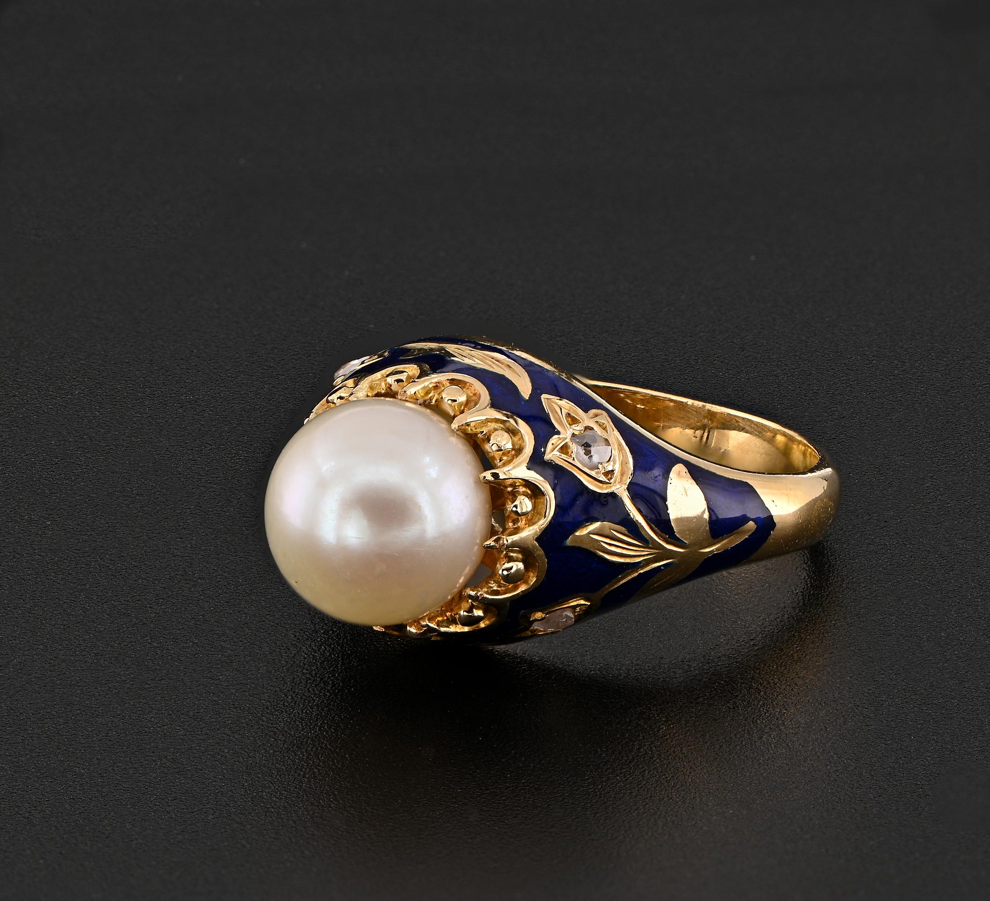 Women's Art Nouveau Pearl Diamond Royal Blue Enamel Ring For Sale