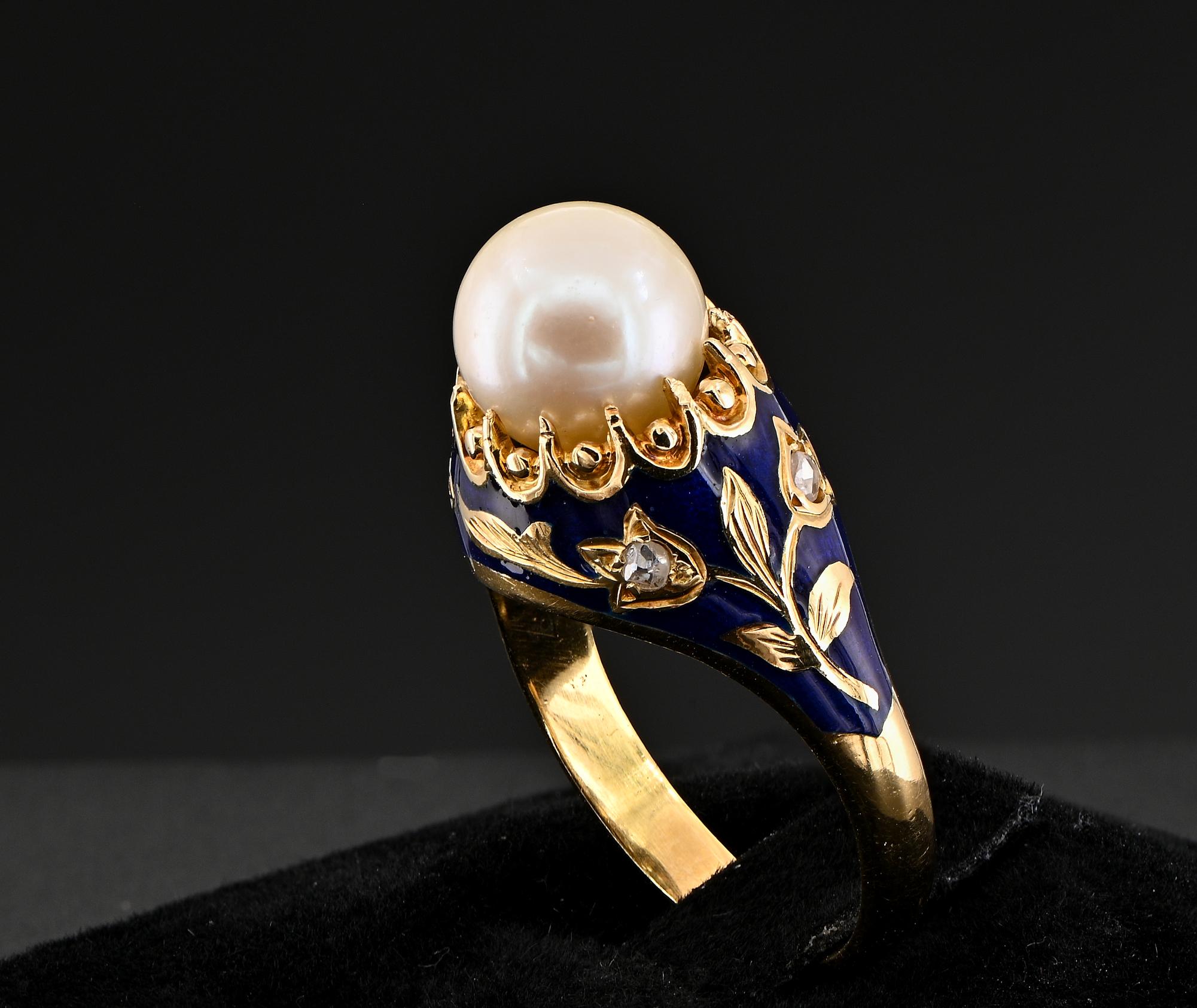 Art Nouveau Pearl Diamond Royal Blue Enamel Ring For Sale 1