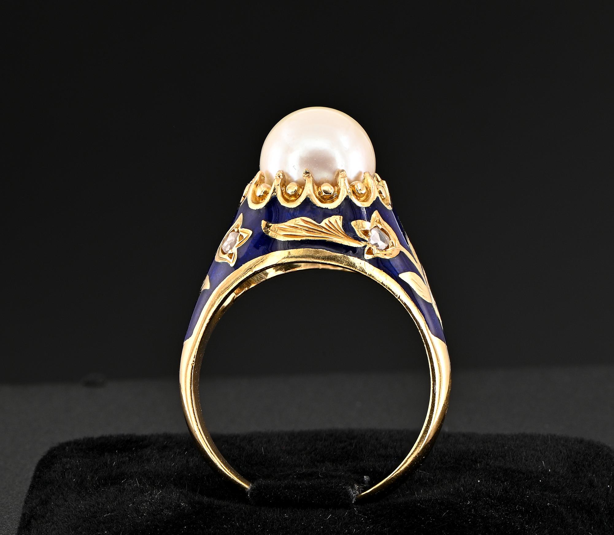 Art Nouveau Pearl Diamond Royal Blue Enamel Ring For Sale 2