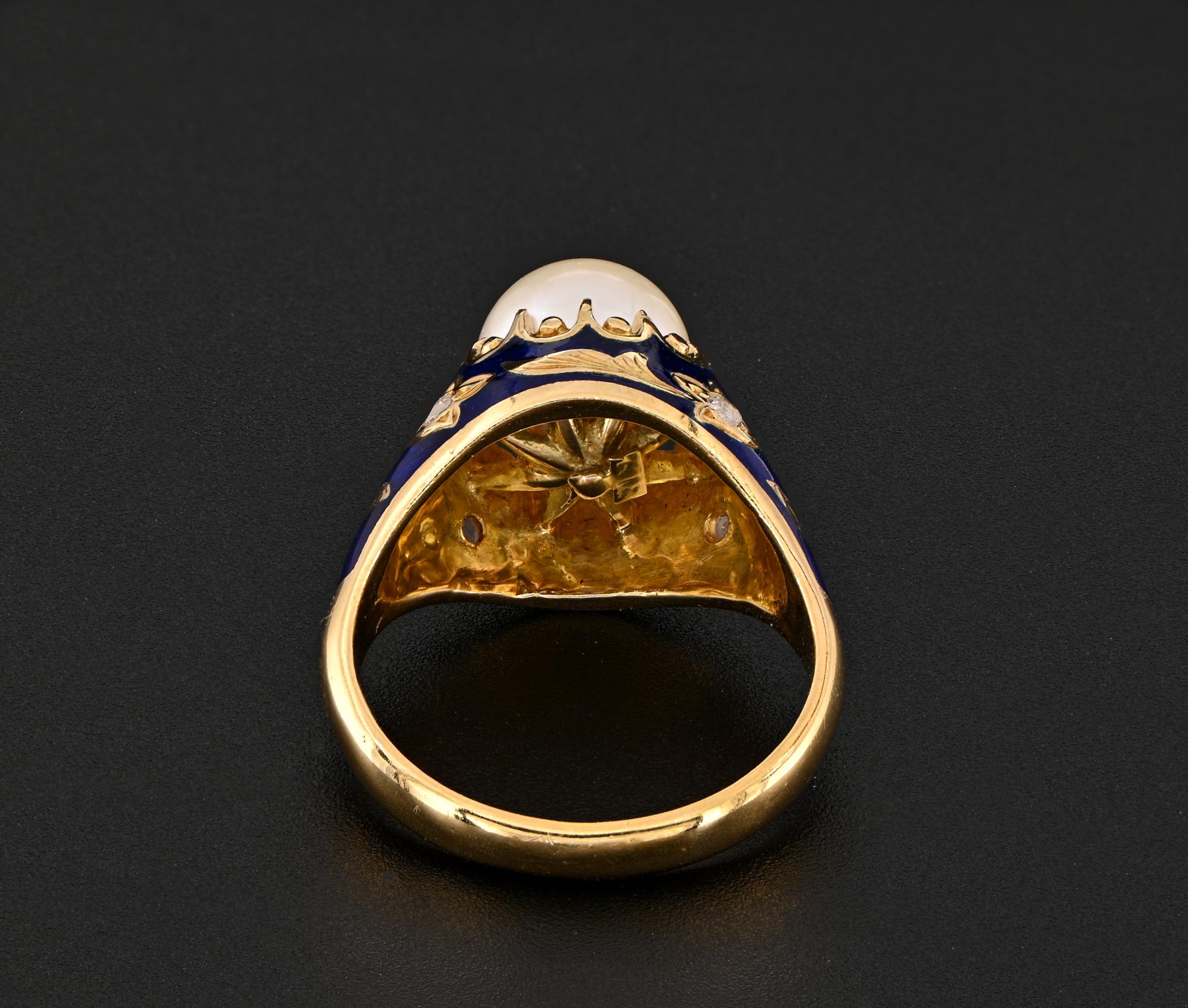 Art Nouveau Pearl Diamond Royal Blue Enamel Ring For Sale 3