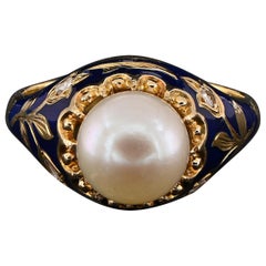 Anillo Art Nouveau Perla Diamante Esmalte Azul Real